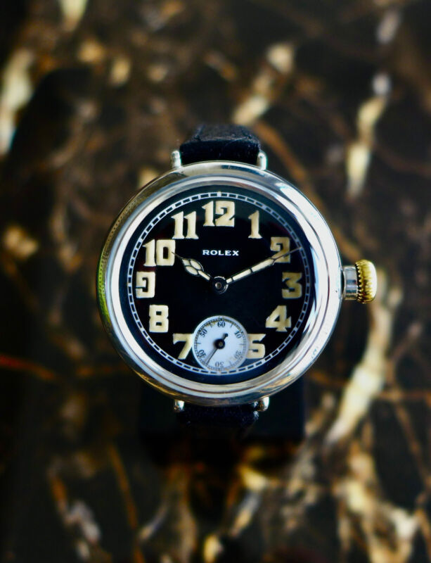 A EARLY VINTAGE 1914 WW1 GENTS BRITISH MILITARY ROLEX TRENCH SILVER LARGE 35mm