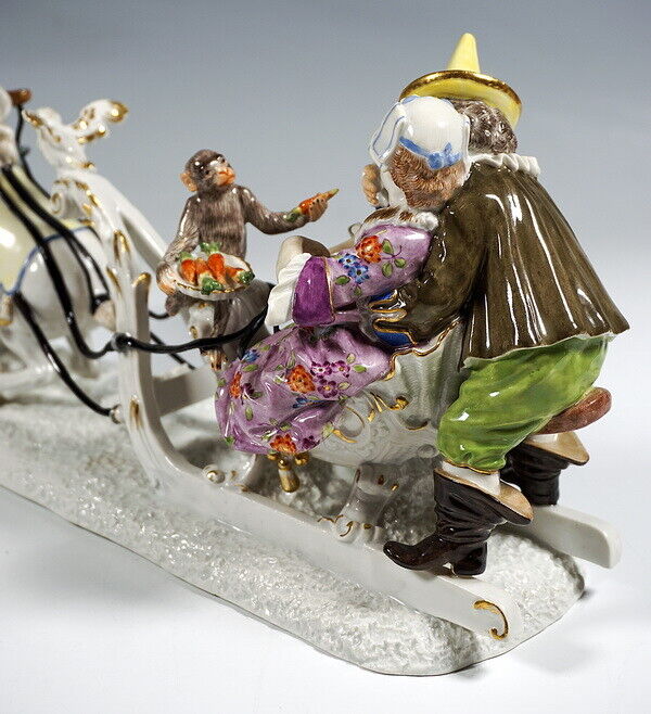 マイセン人形(MEISSEN)、そり遊び宮廷道化師フローリッヒとシュミーデル、1850年、1級品