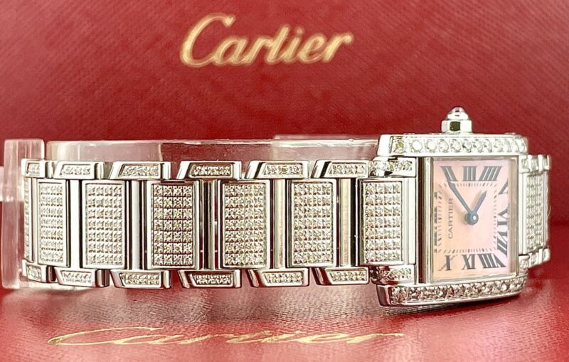 Cartier Tank Francaise 20mm PINK PEARL Dial Iced 4ct Genuine Diamonds Ref 3217