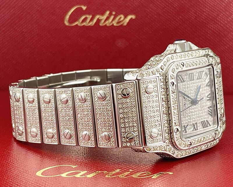 Cartier Ladies Santos Galbee 32mm Custom Iced 10ct Genuine Diamonds Ref 2823