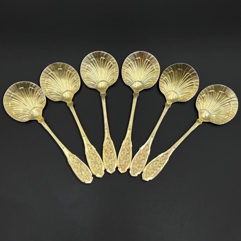PUIFORCAT, RARE 6 Strawberry Spoons, Solid Silver & Vermeil-