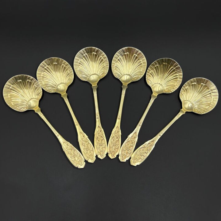 PUIFORCAT, RARE 6 Strawberry Spoons, Solid Silver & Vermeil-