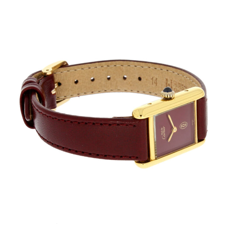 CARTIER Paris Tank Must Vermeil Ladies Silver Maroon Quartz Watch Circa 1990