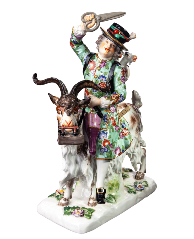 マイセン人形　「山羊に乗った仕立て屋」 by JJ.J ディーラー　一級品　1924-34年 21 cm-