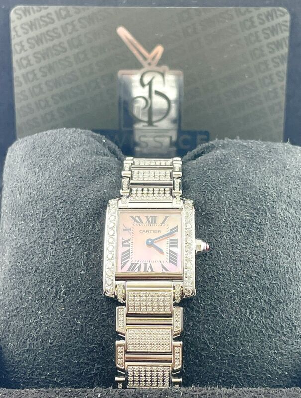 Cartier Tank Francaise 20mm PINK PEARL Dial Iced 4ct Genuine Diamonds Ref 3217