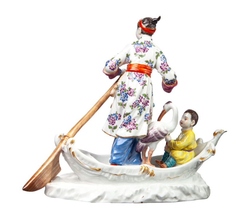 マイセン人形　「艀に乗った子供と鷺を連れた中国人女性」 J.J. ディーラー　一級品