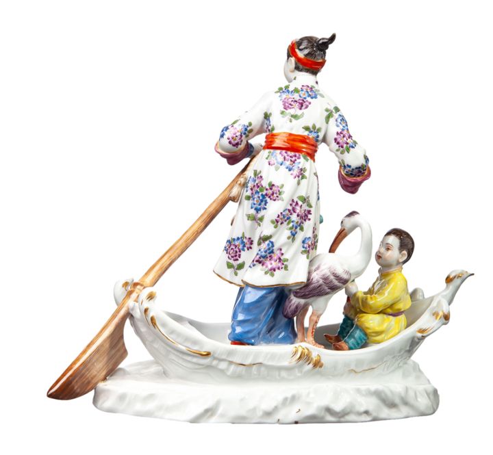 マイセン人形　「艀に乗った子供と鷺を連れた中国人女性」 J.J. ディーラー　一級品