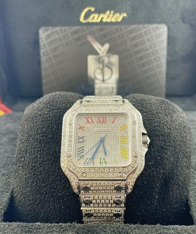Cartier Santos Unisex 35mm Steel Watch Roman Iced Out 10ct Diamonds WSSA0029