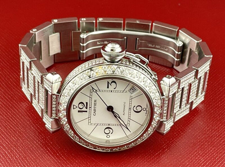 Cartier Pasha 35mm Ladies Auto Steel White Dial Black Arabic Iced 6ct Diamonds