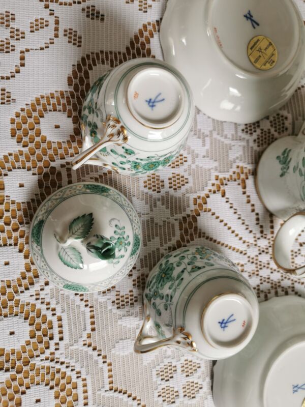 マイセン モカサービス 2人用 インドの花　グリーンリッチウィズゴールドエッジ 一級品