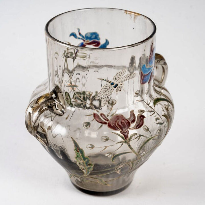 エミールガレの初期作品　エナメルガラスにアイリスの花と蜻蛉の花瓶