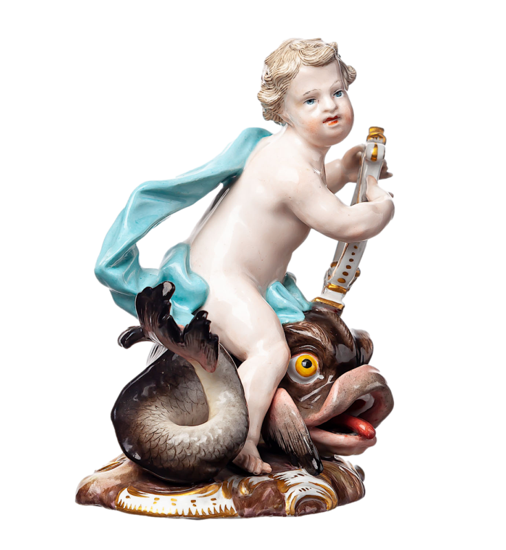 マイセン人形　「イルカに乗ったキューピッド」 J.J. ケンドラー　一級品 　1850-1924年　13.8cm
