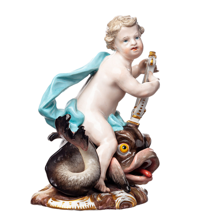 マイセン人形　「イルカに乗ったキューピッド」 J.J. ケンドラー　一級品 　1850-1924年　13.8cm