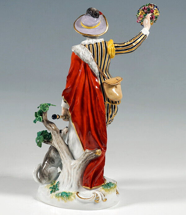 マイセン人形（フィギュリン）花輪を持つ羊飼いとシェパード犬