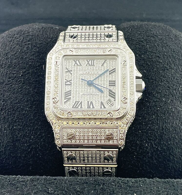 Cartier Ladies Santos Galbee 32mm Custom Iced 10ct Genuine Diamonds Ref 2823
