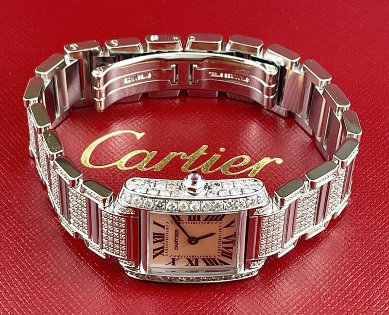 Cartier Tank Francaise Pink Pearl 20mm Custom Iced Out 3ct Genuine Diamonds 2384