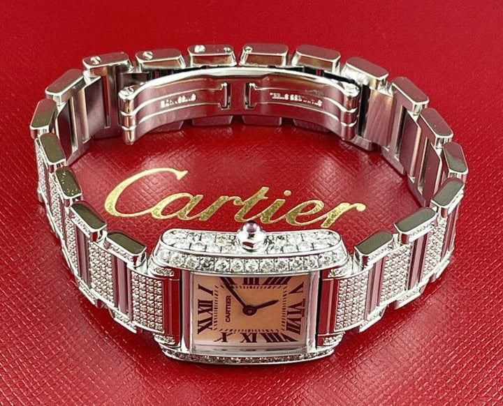 Cartier Tank Francaise Pink Pearl 20mm Custom Iced Out 3ct Genuine Diamonds 2384