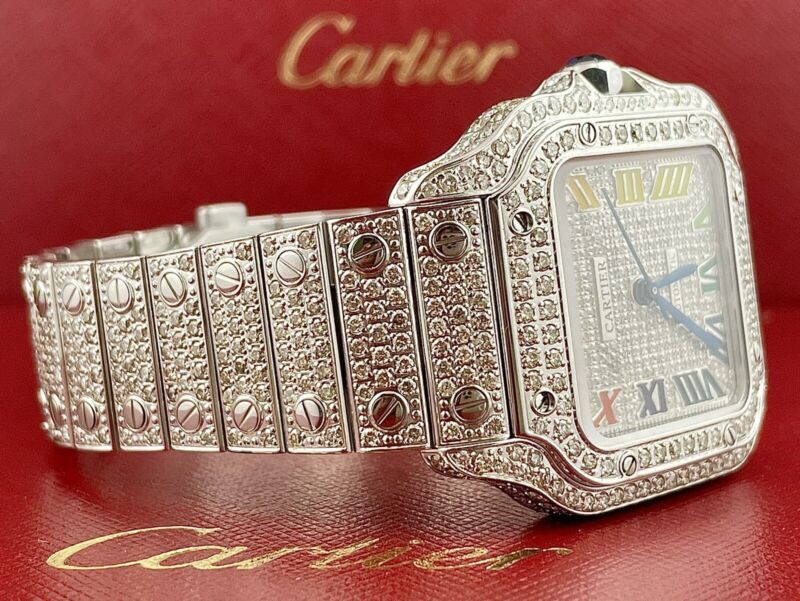 Cartier Santos Unisex 35mm Steel Watch Roman Iced Out 10ct Diamonds WSSA0029
