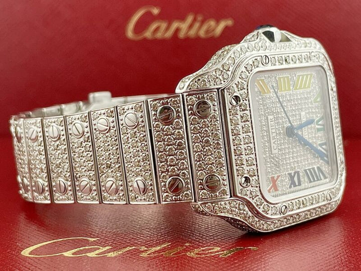 Cartier Santos Unisex 35mm Steel Watch Roman Iced Out 10ct Diamonds WSSA0029