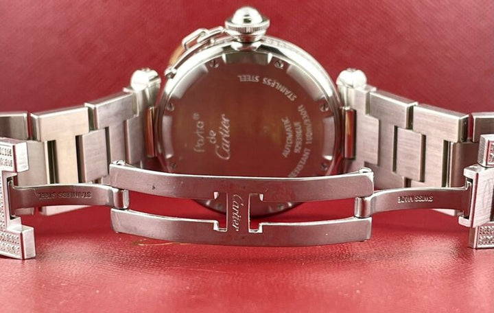 Cartier Pasha 35mm Ladies Auto Steel White Dial Black Arabic Iced 6ct Diamonds