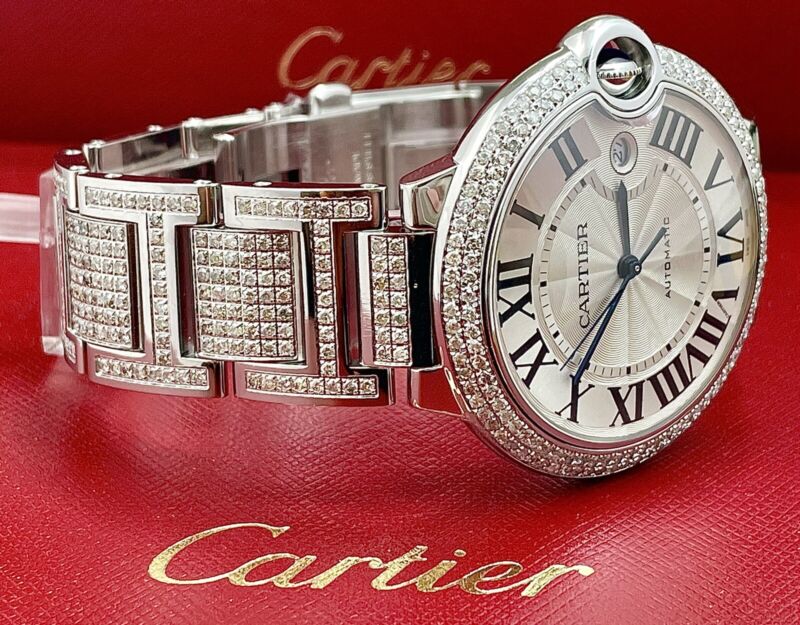 Cartier Ballon Bleu Watch 42mm Iced Out 10ct Diamonds Steel Auto W69012Z4