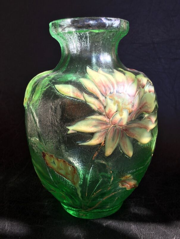 エミールガレ　初期作品　グリーンエナメルガラスにダリアの花の花瓶