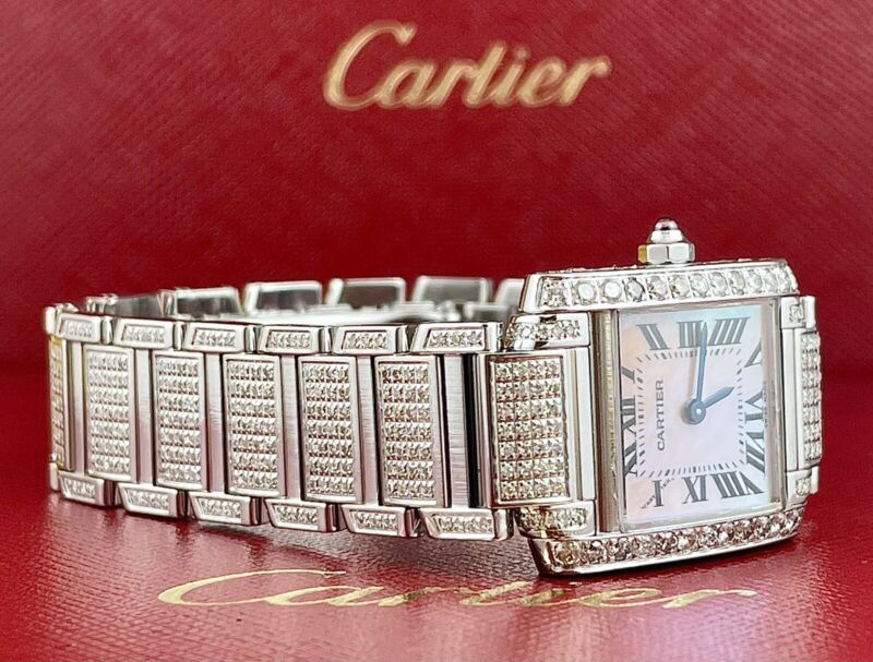 Cartier Tank Francaise Pink Pearl 20mm Custom Iced Out 3ct Genuine Diamonds 2384