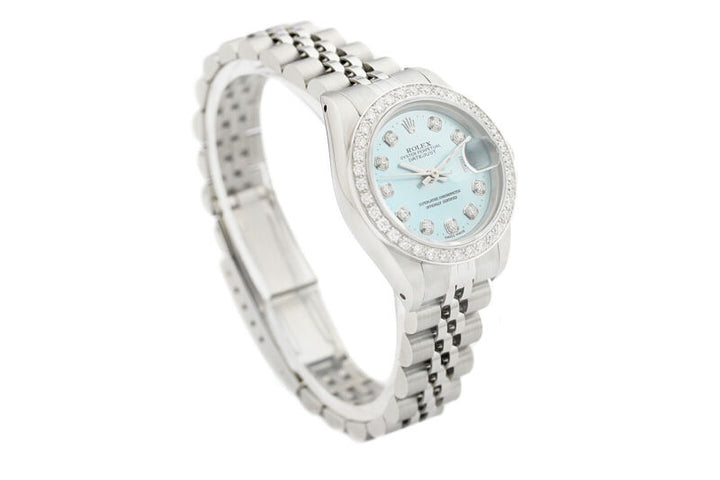 Rolex Ladies Datejust 69174 18K White Gold & Steel Ice Blue Dial Diamond Watch