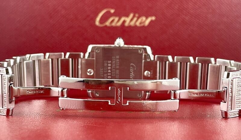 Cartier Tank Francaise 20mm PINK PEARL Dial Iced 4ct Genuine Diamonds Ref 3217