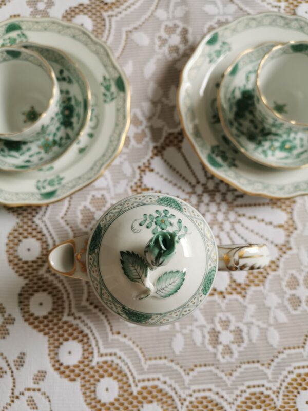 マイセン モカサービス 2人用 インドの花　グリーンリッチウィズゴールドエッジ 一級品