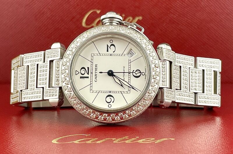 Cartier Pasha 35mm Ladies Auto Steel White Dial Black Arabic Iced 6ct Diamonds