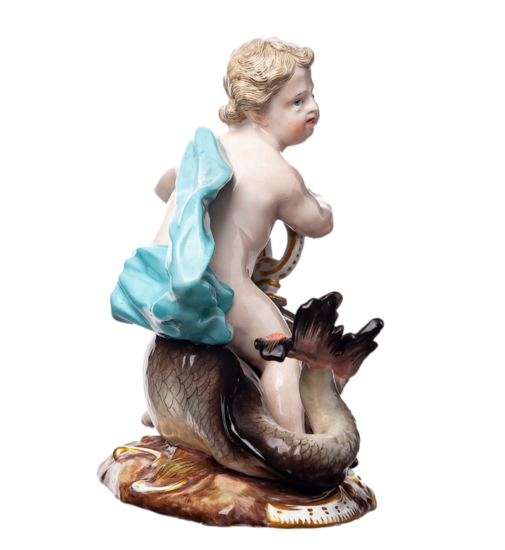 マイセン人形　「イルカに乗ったキューピッド」 J.J. ケンドラー　一級品 　1850-1924年　13.8cm