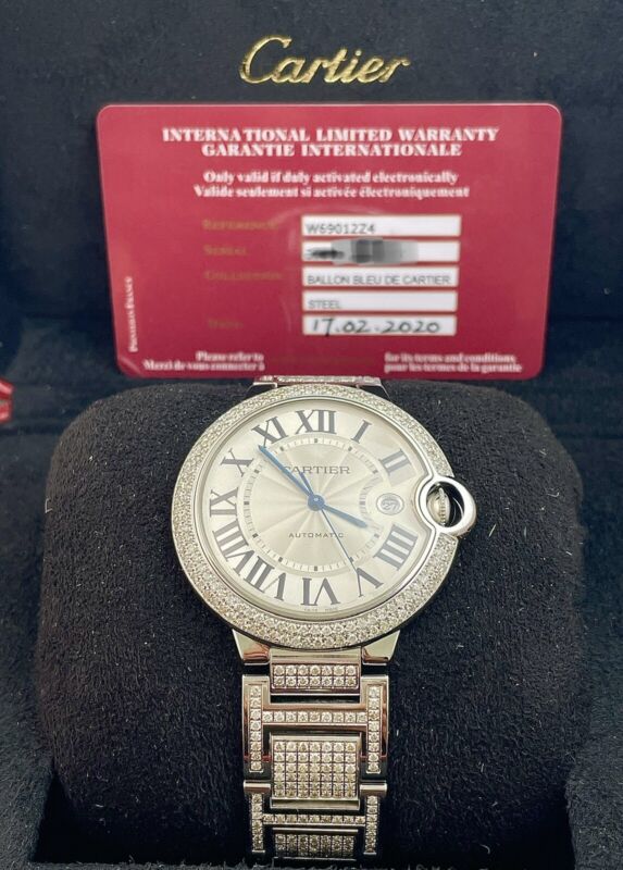 Cartier Ballon Bleu Watch 42mm Iced Out 10ct Diamonds Steel Auto W69012Z4
