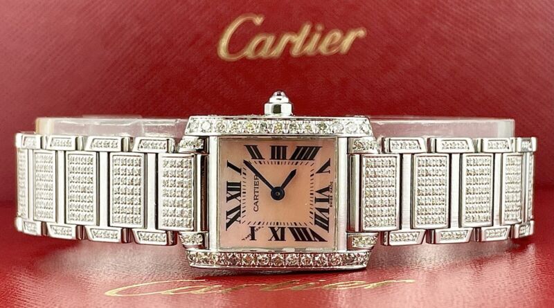 Cartier Tank Francaise 20mm PINK PEARL Dial Iced 4ct Genuine Diamonds Ref 3217