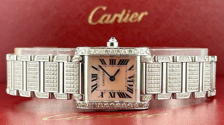 Cartier Tank Francaise 20mm PINK PEARL Dial Iced 4ct Genuine Diamonds Ref 3217