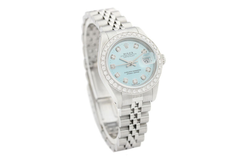 Rolex Ladies Datejust 69174 18K White Gold & Steel Ice Blue Dial Diamond Watch