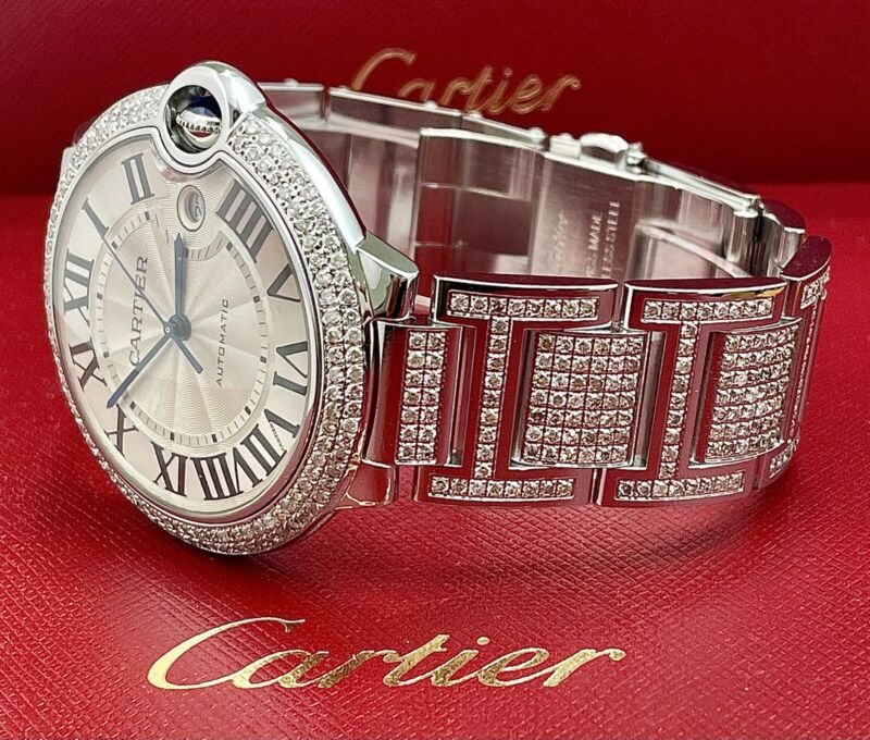 Cartier Ballon Bleu Watch 42mm Iced Out 10ct Diamonds Steel Auto W69012Z4