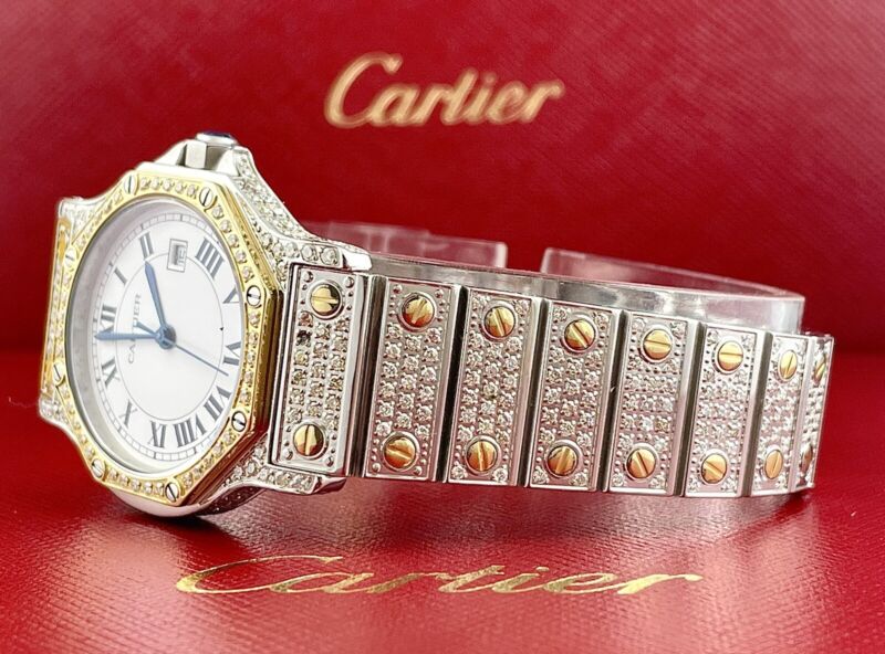 Cartier Santos Octagon 30mm 2-Tone Custom Iced Out 5ct Genuine Diamonds 187902
