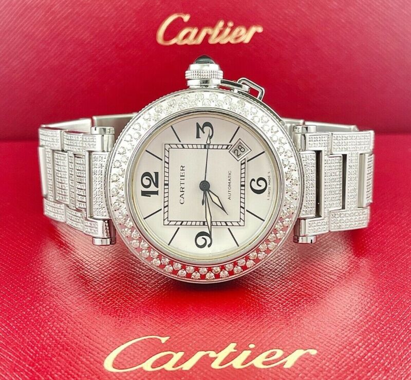 Cartier Pasha 40mm White Dial Custom Iced Out 8ct Genuine Diamonds Ref 2790