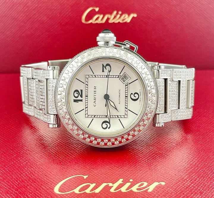 Cartier Pasha 40mm White Dial Custom Iced Out 8ct Genuine Diamonds Ref 2790