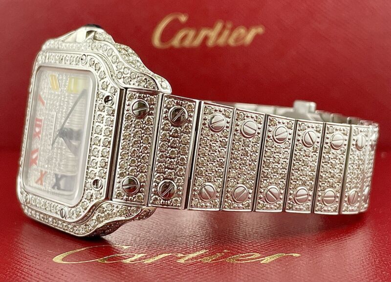 Cartier Santos Unisex 35mm Steel Watch Roman Iced Out 10ct Diamonds WSSA0029