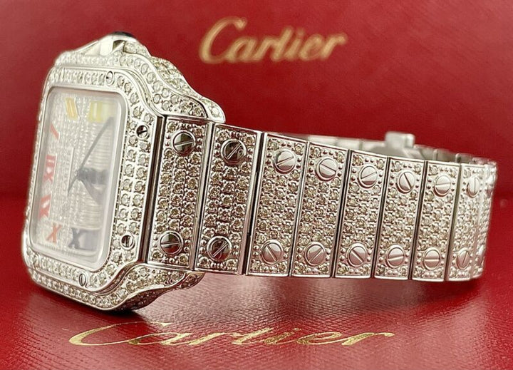 Cartier Santos Unisex 35mm Steel Watch Roman Iced Out 10ct Diamonds WSSA0029