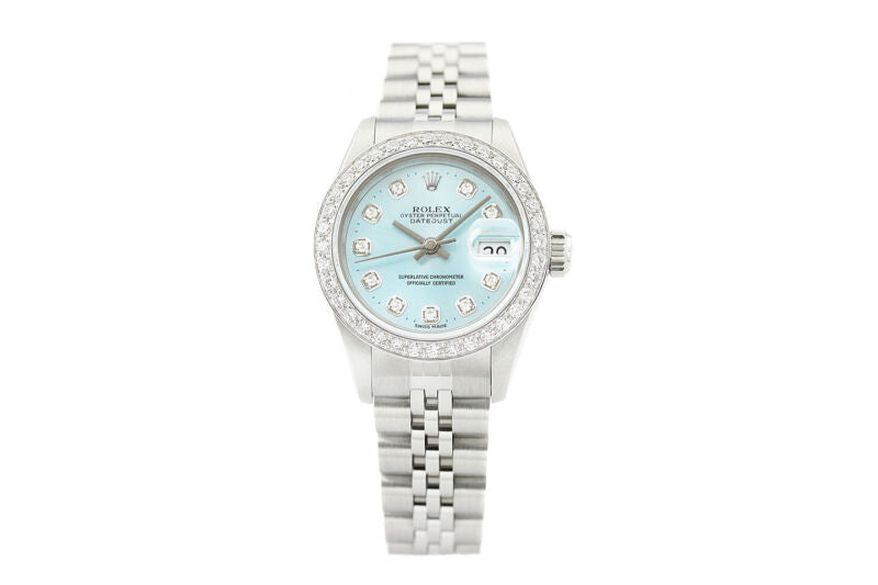 Rolex Ladies Datejust 69174 18K White Gold & Steel Ice Blue Dial Diamond Watch