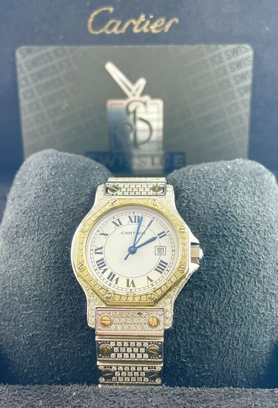 Cartier Santos Octagon 30mm 2-Tone Custom Iced Out 5ct Genuine Diamonds 187902