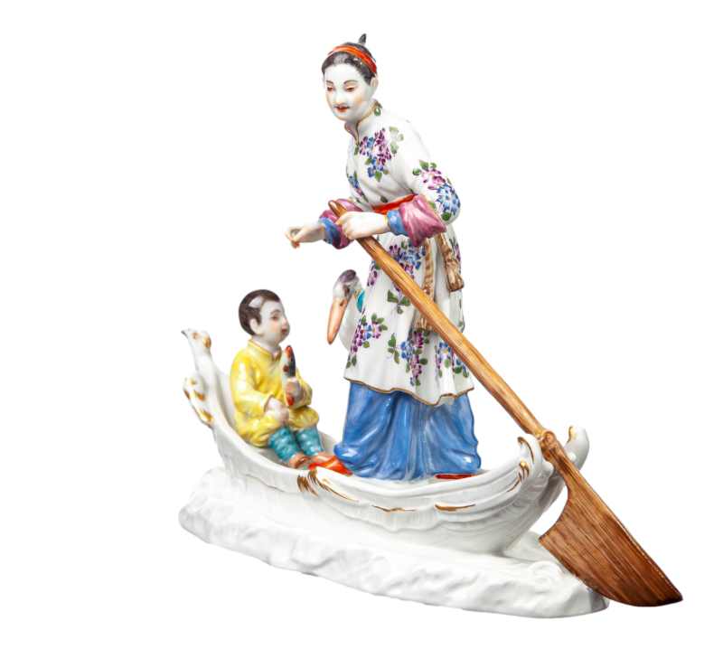 マイセン人形　「艀に乗った子供と鷺を連れた中国人女性」 J.J. ディーラー　一級品