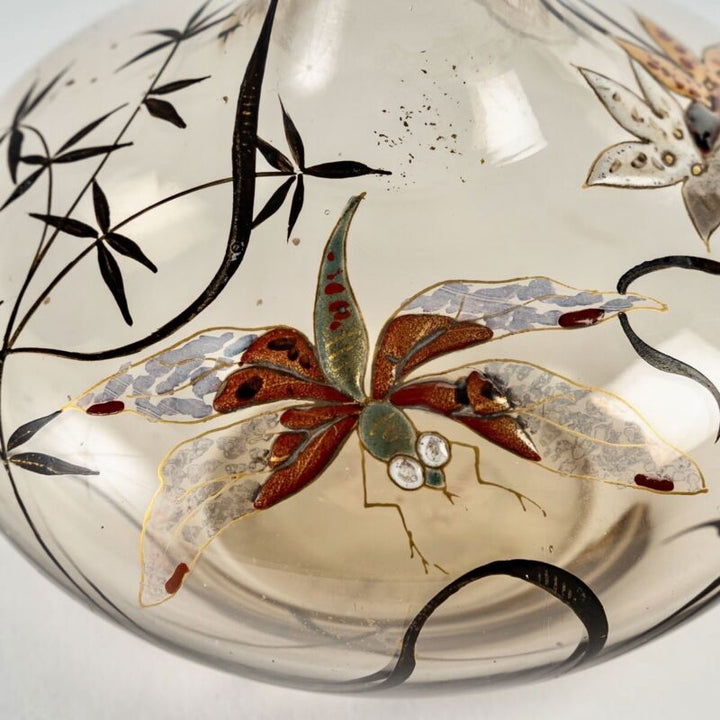 フランスアンティーク　破格エミールガレ細かく描かれた花柄が素敵なコンポティエ！ エミールガレ 初期作品 トンボと花が描かれたエナメル花瓶