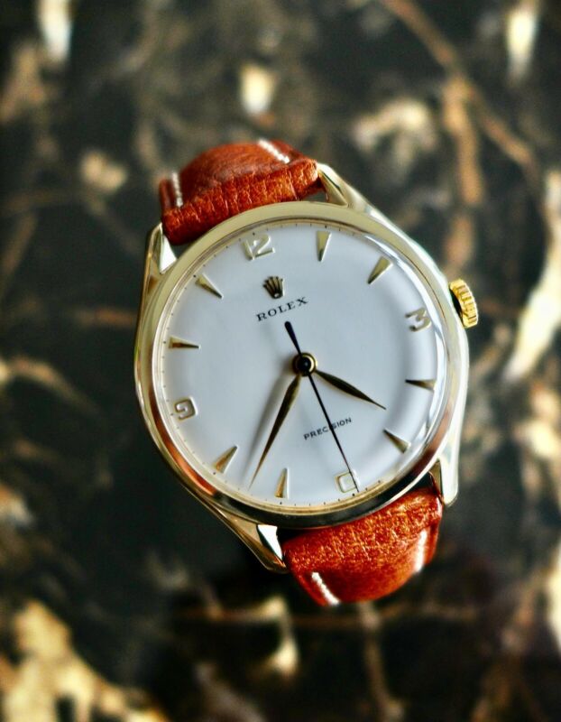 A BEAUTIFUL GENTS VINTAGE 1959 OVERSIZE (36mm) ROLEX PRECISION IN 9ct GOLD