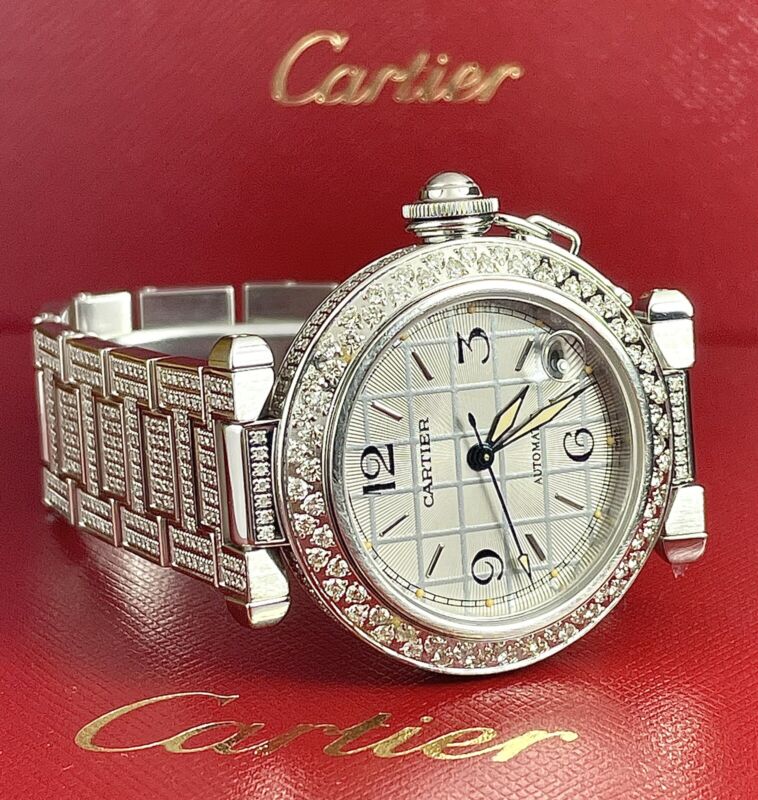 Cartier Pasha 35mm Ladies Auto Steel Watch Silver Dial Iced 6ct Diamonds 2324