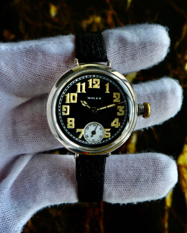 A EARLY VINTAGE 1914 WW1 GENTS BRITISH MILITARY ROLEX TRENCH SILVER LARGE 35mm