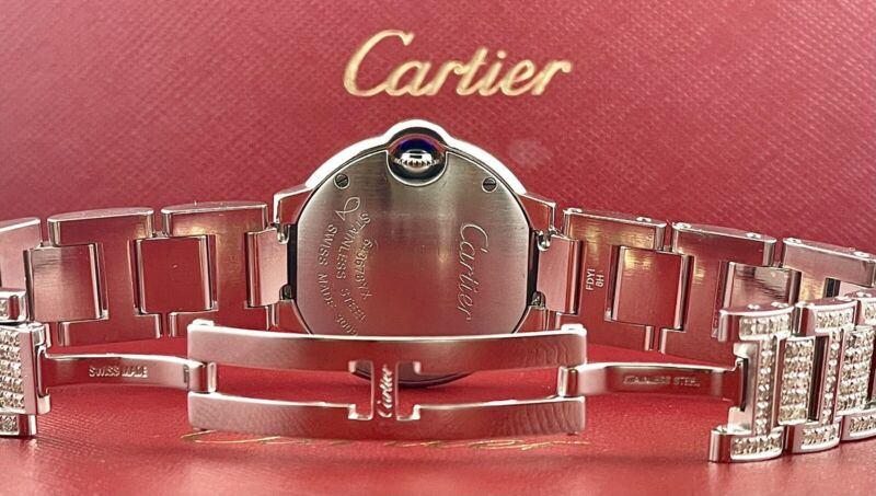 Cartier Ballon Bleu Ladies Watch 29mm Iced Out 6ct Diamonds Steel Quartz 3009